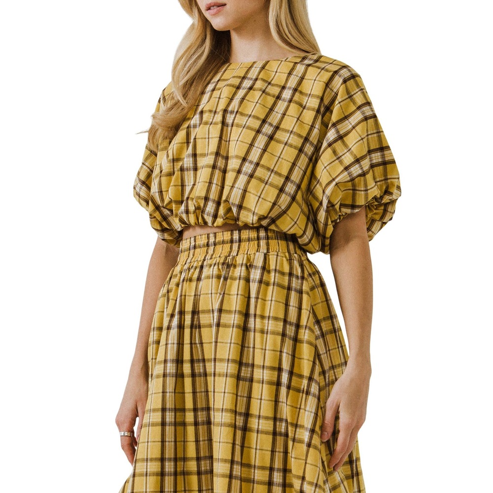 English Factory Plaid Bubble Crop Top Mustard Yellow Puff Sleeve NWT